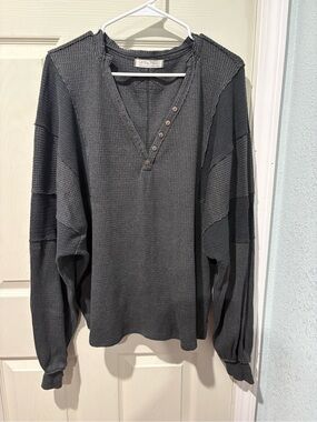 We The Free Charcoal V-Neck Waffle Henley Pullover